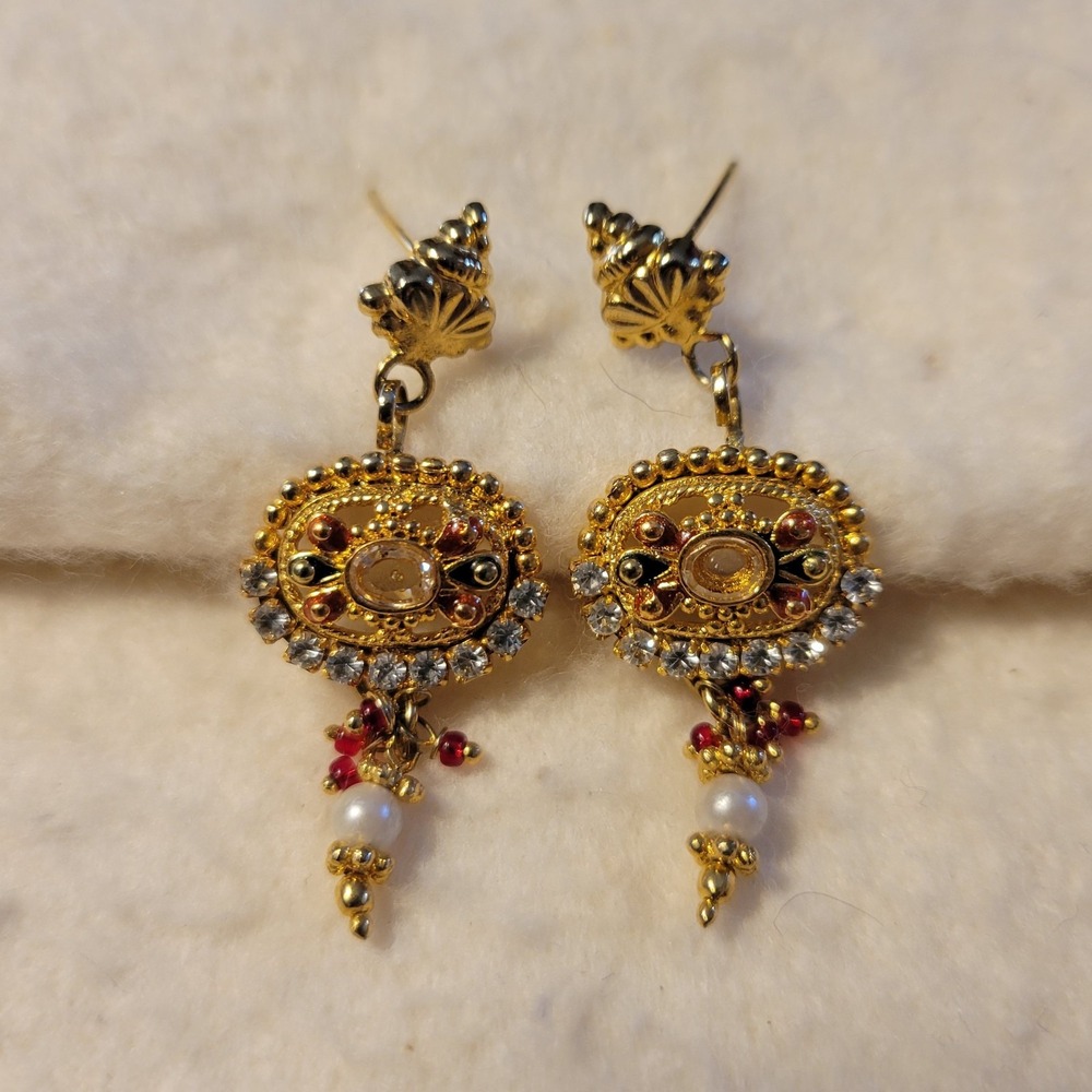 Gold Tone Faux Gemstone Multicolor Bollywood Like Stud Pierced 1.5" Earrings